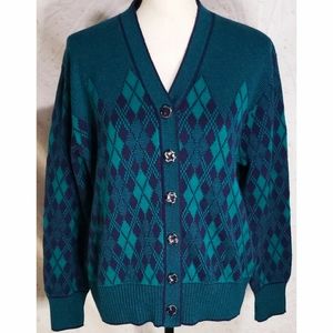 Vintage Teal and Navy Argyle Cardigan